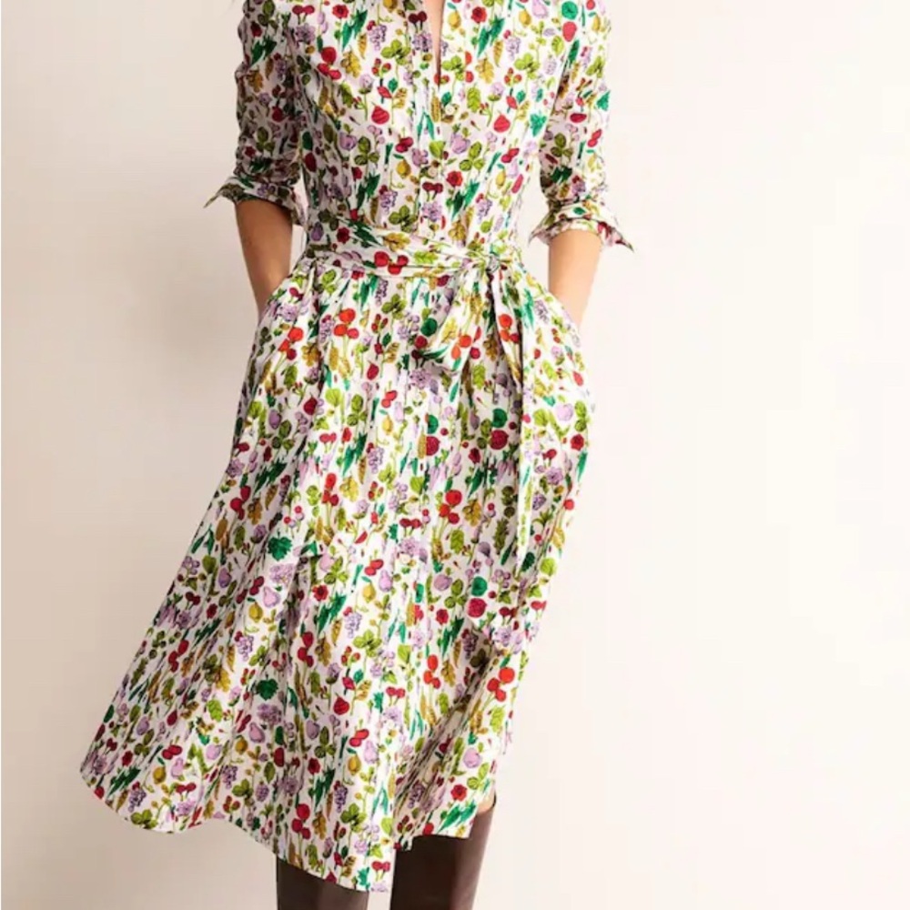 Boden Cream and Red Buttoned Midi Sundress